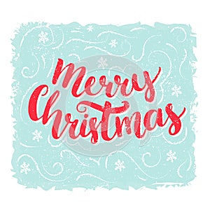 Merry Christmas words. Brush lettering text at blue vintage background. Vector greeting card design.