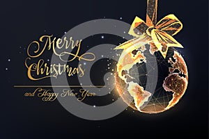 Merry Christmas World gold greeting card with planet Earth globe hanging Christmas ornament bauble