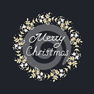 Merry Christmas Wreath with leaves and floral patterns.