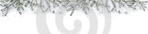 Merry Christmas wreath made of fir branches, white and silver decorations, sparkles and confetti on white background. Xmas and New photo