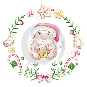 Merry Christmas wreath with rabbit, white background.