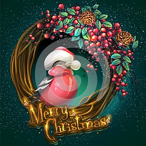 Merry Christmas wreath of vines ash berry and bullfinch