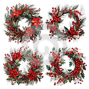 Merry Christmas wreath white background. Green pine twigs and red berries. Nature design greeting card template. Winter holidays.