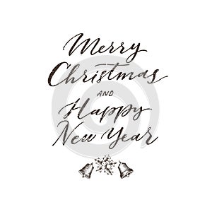 Merry Christmas, xmas badge with handwritten lettering, calligraphy with light background for logo, banners, labels