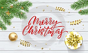 Merry Christmas or Xmas gold stars decoration. Vector Xmas tree ornaments and calligraphy lettering on wood background design temp