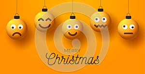 Merry christmas yellow balls with cute face greeting card. Emoticons on bubble toys. Vector for decoration holiday xmas tree.