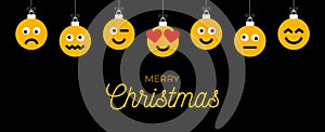 Merry christmas yellow balls with cute face greeting card. Emoticons on bubble toys. Vector for decoration holiday xmas tree.