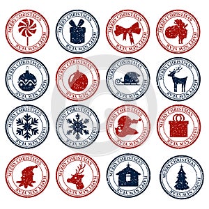 Merry Christmasand Happy New Year set dirty post stamp icon isolated on white vector
