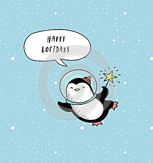 Merry Cosmic Xmas greeting card template with a cure penguin