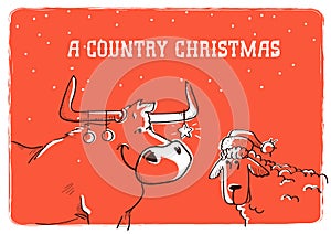 Merry Country Christmas card with bull and sheep in Santa hat and Christmas text