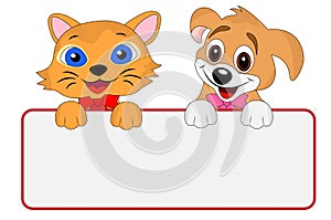Merry dog and cat hold a clean banner
