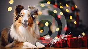 Merry dog on Christmas scene, greeting card ready