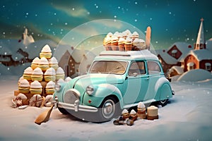 merry festive winter candy car snow christmas holiday gift retro. Generative AI.