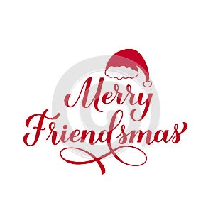 Merry Friendsmas calligraphy hand lettering. Funny Christmas quote. Winter holidays pun. Vector template for typography