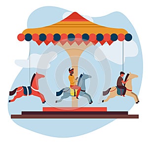 Merry-go-round or carousel isolated icon children and attraction fun fair