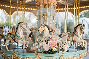 A merry go round featuring three horses and surrounded by colorful flowers, A vintage carousel celebration for an exciting