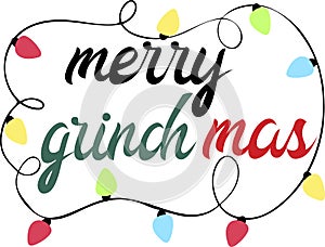 merry grinchmas banner with christmas lights and decorative lettering photo