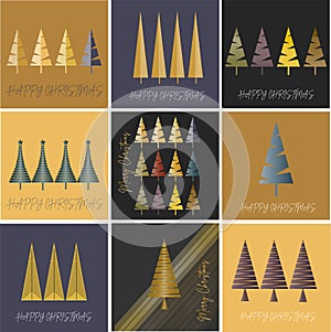 Merry and Happy Christmas luxury greeting card collection. Gold holiday set with abstract trees, text quotes, xmas ornament