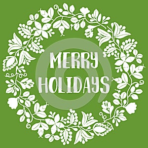 Merry Holiday vector card with christmas wreath on green background