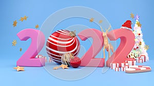 Merry Ð¡hristmas and Happy New Year 2022 . Abstract minimal design, Christmas trees, gift box, 3d rendering