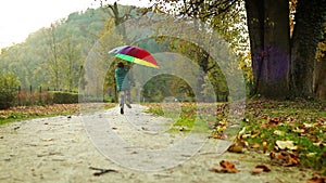 Merry little boy jumps with pied umbrella in autumn park