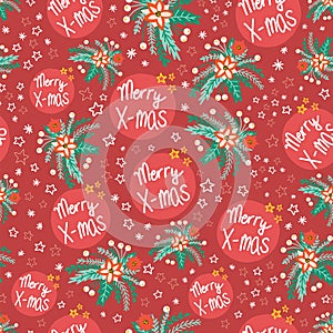 Merry X-mas flower vector pattern seamless red. Repeating Christmas background with poinsettia flowers and stars. Use