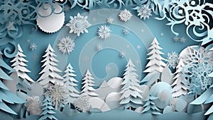 merry paper background winter art snowflakes decoration blue christmas origami tree. Generative AI.