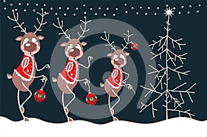 Merry reindeer and Christmas tree