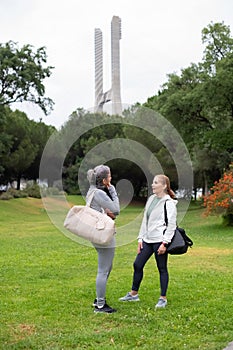 Merry senior friends talking in park