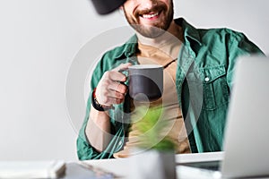 Merry smiling male person relaxing