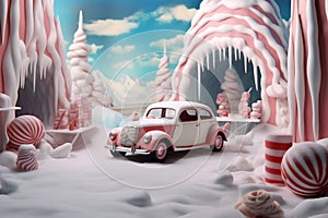 merry winter candy festive holiday gift snow christmas car retro. Generative AI.