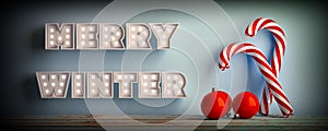 Merry winter christmas red white twisted candy cane caramel in aquas - 3d illustration photo