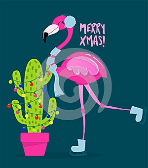 Merry Xmas! - Calligraphy phrase for Christmas with cute flamingo girl and Cactus Christmas tree.