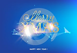 Merry xmas card over blue background with white polygonal lines.