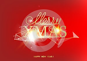 Merry Xmas card over red background with white polygonal lines.
