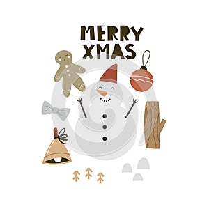 Merry xmas. Cartoon snowman, hand drawing lettering, dÃ©cor elements. holiday theme. Colorful vector illustration, flat style.