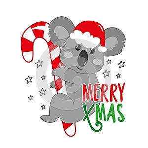 Merry Xmas - cute koala bear in Santa hat with candy cane
