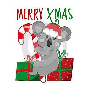 Merry Xmas - cute koala bear in Santa hat with candy cane, and Christma presents.