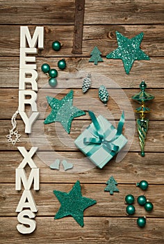 Merry Xmas greetings of wooden letters. Christmas decoration in