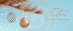 Merry Xmas and happy new year elegant flyer background with hanging balls from a tree and text. Christmas banner or greeting card