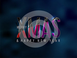 Merry Xmas Happy New Year glossy red purple text, light effect, black mask. Futuristic vector thin line background. Modern festive