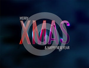 Merry Xmas Happy New Year glossy red purple text with light effect. Futuristic vector thin line background. Modern festive