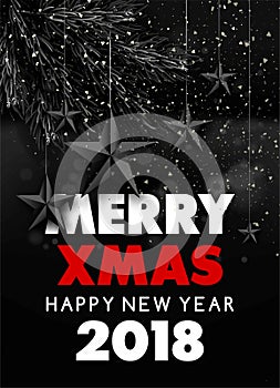 Merry Xmas Happy New Year 2018 vector greeting card background black Christmas stars