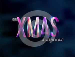 Merry Xmas Happy New Year neon glow light text. Futuristic vector dark background with thin line. Modern festive decoration blue