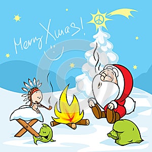 Merry Xmas - Santa with baby Jesus sitting by the fire and smokes Indian peace pipe, vector