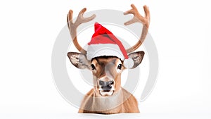 Merry young deer wear red warm knitted Santa hat posing look camera isolated on white background studio. New Year 2025