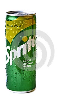 Mersin, Turkey - February 2020. Chilled Sprite can with water drops and inscriptions on Turkish isolated at white