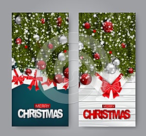 Mery Christmas banner set. Xmas and Happy New Year realistic design concept. Green fir tree branches, baubles, gift boxes with red