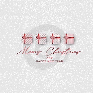 Mery Christmas banner. Xmas and Happy New Year realistic design concept. Snow on white background, gift boxes with red bow and rib