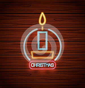 Mery christmas candle neon lights in wooden background